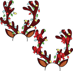 Reindeer antlers with Christmas light and coquette bow. Art & Illustration