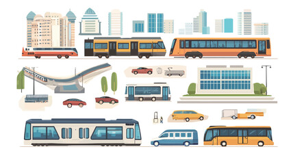 Set of modern city transport. Bus, train, tram, bus, bus, train, tram, tram, bus. Vector illustration 