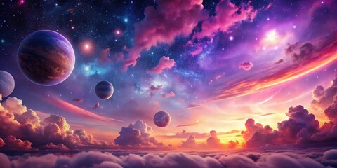 Vibrant night sky with surreal pink and purple clouds and planets , surreal, pink, purple, clouds, planets, vibrant