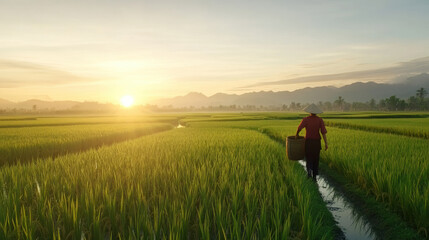 serene rural farming moment as person walks through lush green rice fields at sunrise, surrounded by mountains and tranquil landscape