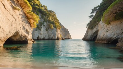 Fototapeta premium A hidden cove surrounded by rocky cliffs and clear blue water.