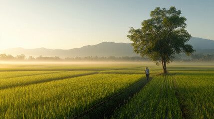 Obraz premium serene rural farming moment as person walks through lush green rice fields under clear sky, with tree standing tall nearby. peaceful atmosphere evokes sense of tranquility