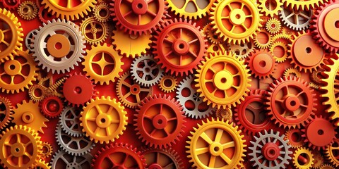 Dynamic interlocking gears in shades of red, orange, and yellow , machinery, mechanical, teamwork