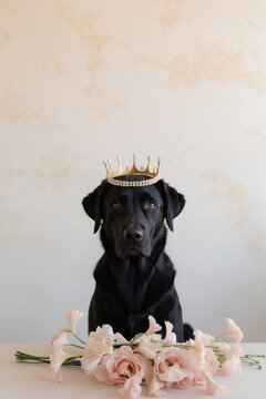 A black dog with a crown on its head surrounded by pink flowers.