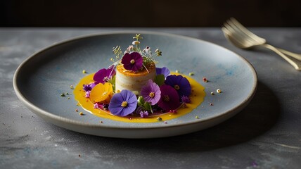 elegant fusion cuisine dish presented on a handcrafted ceramic plate vibrant ingredients arranged in a geometric pattern with wisps of aromatic steam and a dusting of edible flowers.