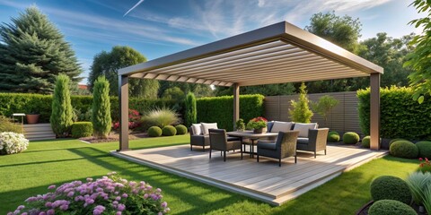 Naklejka premium of a garden with a bioclimatic pergola, garden, plants, bioclimatic, pergola, outdoor, design, architecture