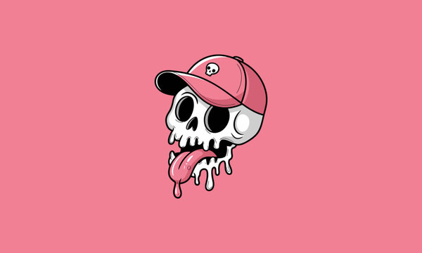 Cartoon melting skull wearing a pink cap and sticking tongue out