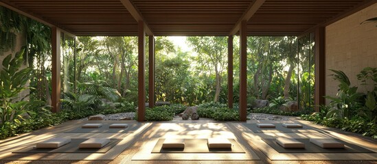 Protected outdoor yoga space under a bioclimatic pergola designed for comfort and airflow.