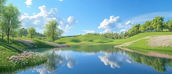 Create a Vibrant Landscape Photography Scene Featuring Lush Greenery, Majestic Mountains, and a Serene Lake Under a Bright Blue Sky for Nature Lovers and Adventurers