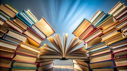 Low angle shot of books from different cultures connecting through words, symbolizing unity and understanding