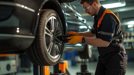 Mechanic Working on a Car Wheel in a Garage