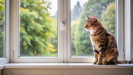 Cat sitting on window sill looking outside , cat, window, sill, indoors, pet, feline, observing, curious, domestic, animal, whiskers