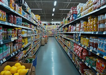 Naklejka premium Vibrant Grocery Store Aisles with Neatly Arranged Products for a Colorful Shopping Experience in a Modern Retail Environment