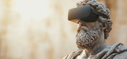 ancient greek statue of a philosopher equipped with a virtual reality headset