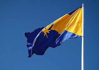 Vibrant Nauru Flag Waves Gracefully in the Breeze, Symbolizing National Pride and Cultural Identity Against a Clear Blue Sky