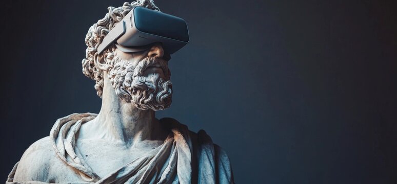 ancient greek statue of a philosopher equipped with a virtual reality headset - Powered by Adobe