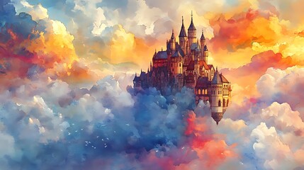 Surreal Watercolor Castle in the Clouds