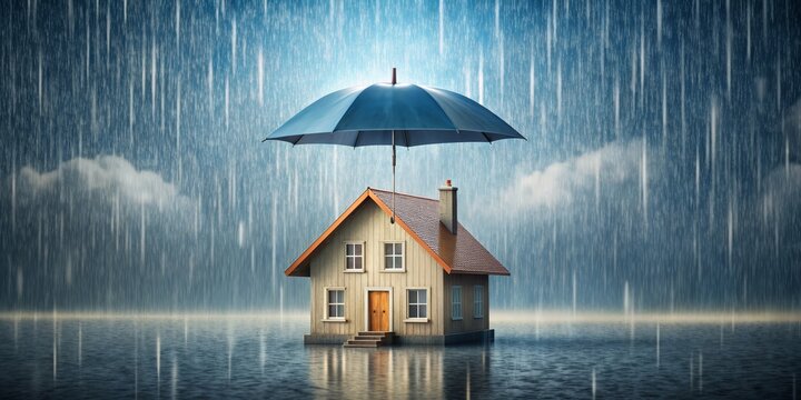 House protected by umbrella from rain and storm , home insurance, protection, coverage, safety, shelter, security, weather