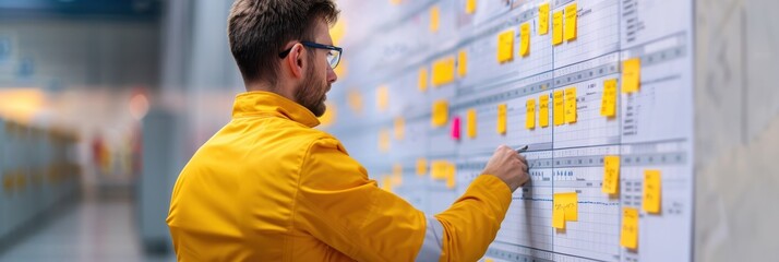 Engineer analyzing production schedule with sticky notes on a whiteboard in an industrial setting