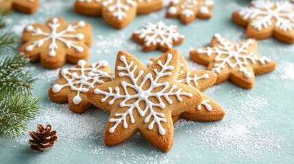 Golden Brown Snowflake and Star Gingerbread Cookies on Pastel Background