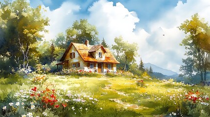 Fototapeta premium Cozy Cottage in Idyllic Watercolor Landscape
