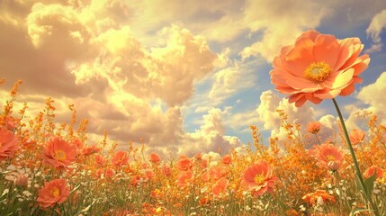 Field or Nursery Filled with Marigold Flowers Under an Orange Sky