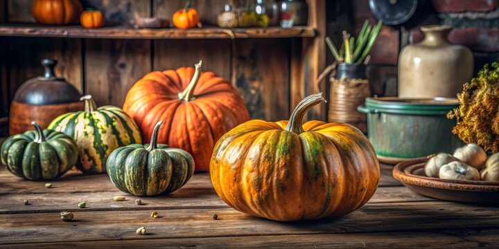 A close up photo of fresh potimarron and potiron squash in a rustic kitchen , harvest, autumn, seasonal, ingredient