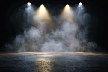 Obraz premium Dark background, concrete floor with smoke and fog, dark scene, spotlights on the ground, background for product presentation