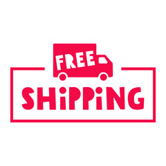 Free shipping. Badge. Red truck. Hand drawn illustration on white background.