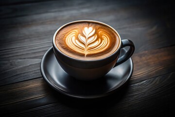 Black coffee cup with latte art pattern, wide-angle