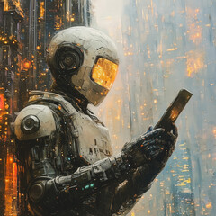 A robot is holding a cell phone in a cityscape. The robot is wearing a white helmet and has a yellow visor. The image has a futuristic and industrial feel to it