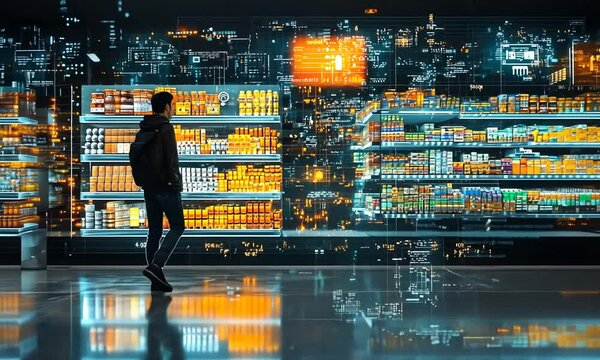 A person gazes at a futuristic digital display of products.