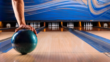 Naklejka premium hand throws the bowling ball towards the pins on track