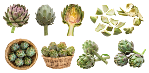 Artichoke artichokes flower plant vegetable, many angles and view side top front basket pile peel isolated on transparent background cutout, PNG file. Mockup template for artwork graphic design	
