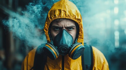 a man in factory with smoke in the background wearing a protective respiratory mask