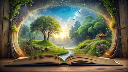 Enchanted world inside an open book , Fantasy, education, imagination, creativity, reading, books, magical, mystical