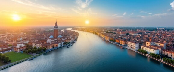 Fototapeta premium Stunning Aerial View of Venice at Sunset with Canals and Historic Architecture