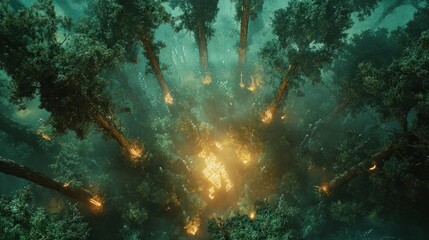 Fototapeta premium An overhead shot of an enchanted forest, where the treetops shimmer with otherworldly light and ancient runes glow softly on the forest floor, guiding the way to a magical portal