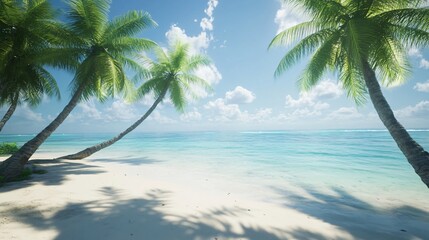 Fototapeta premium Two palm trees on a tropical beach with a view of turquoise water.