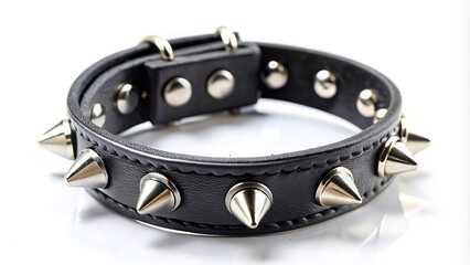 Black leather bracelet with chrome studs at a tilted angle