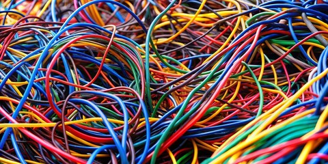 A close-up of a tangled mess of colorful wires and cables , complicated, complex, intricate, confusing, jumbled