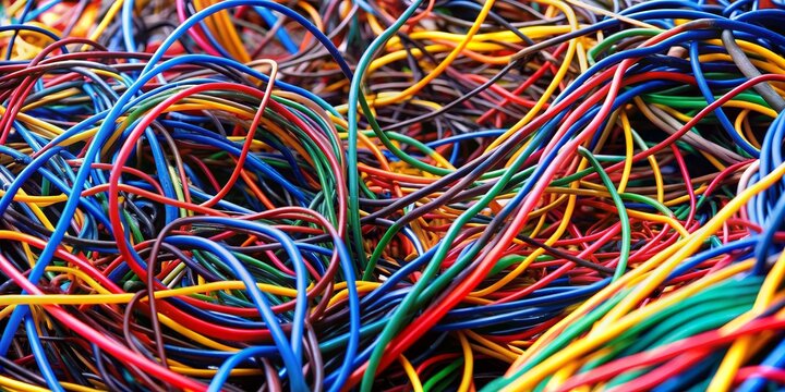 A close-up of a tangled mess of colorful wires and cables , complicated, complex, intricate, confusing, jumbled