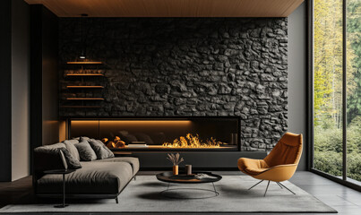 Modern Interior design with Fireplace and sofa in stone cladding 3d rendering 