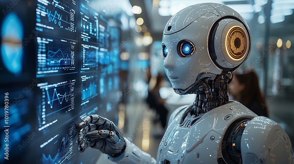 Poster futuristic robot analyzing data on touchscreen display