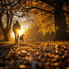 Serene Evening Stroll: Man and Dog in Leafy Park, Golden Sunset Light, Embracing Peace and Contentment
