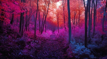 Fototapeta premium An infrared panoramic view of a forest in autumn, where the foliage glows in deep magentas and purples, creating a vibrant and surreal landscape bathed in soft, otherworldly light