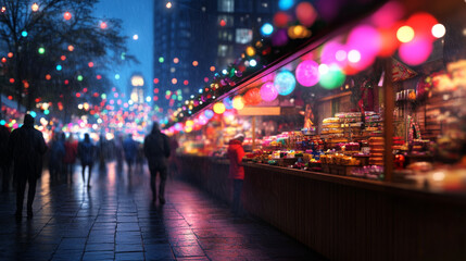 A vibrant Christmas market at night, with stalls selling holiday treats, handmade crafts, and warm drinks. The air is filled with festive lights and joyful energy.