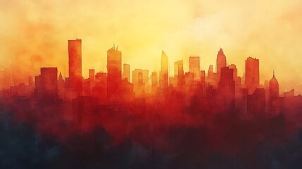 Fototapeta premium Warm City Skyline in Watercolor Texture