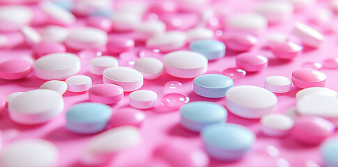 Minimalistic Pastel Pills on Soft Pink Background, A delicate arrangement of pastel-colored pills and capsules, primarily pink, white, and blue, scattered across a soft pink background