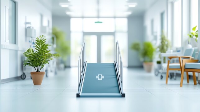 Modern hospital corridor with a wheelchair ramp, natural light, and potted plants providing a clean, bright, and accessible environment.